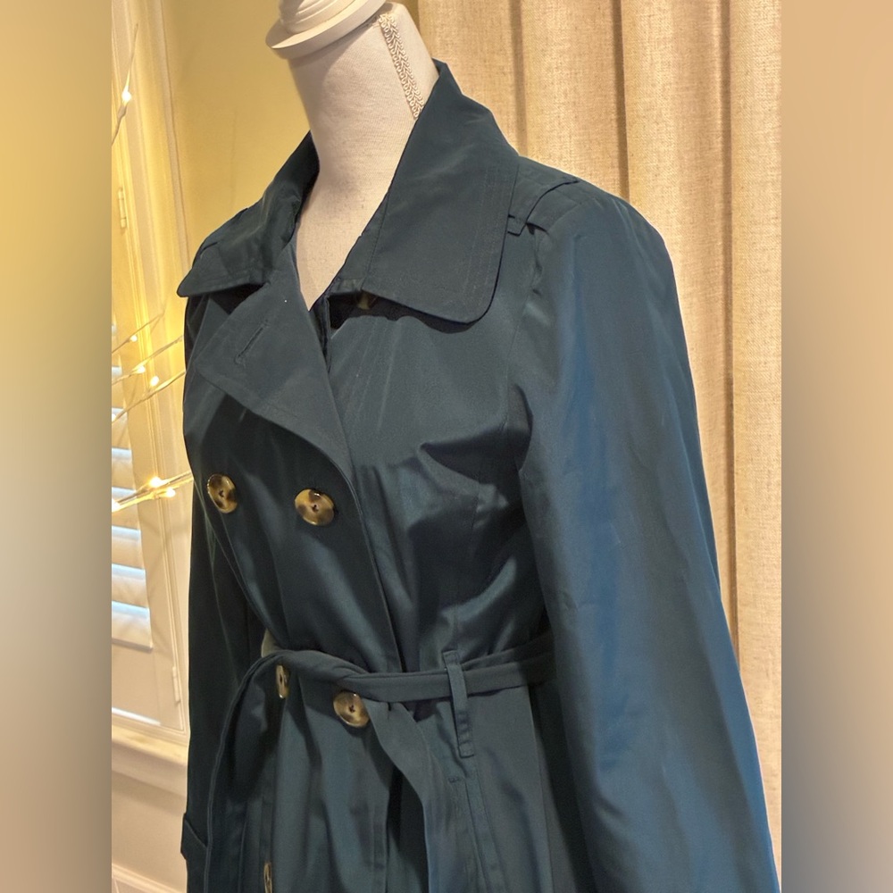 London Fog Teal Double Breasted Trench Coat Jacket Small S Belted Classic - Picture 3 of 7